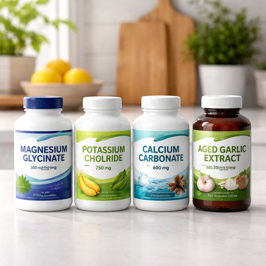 natural supplement for blood pressure ingredients on a kitchen counter