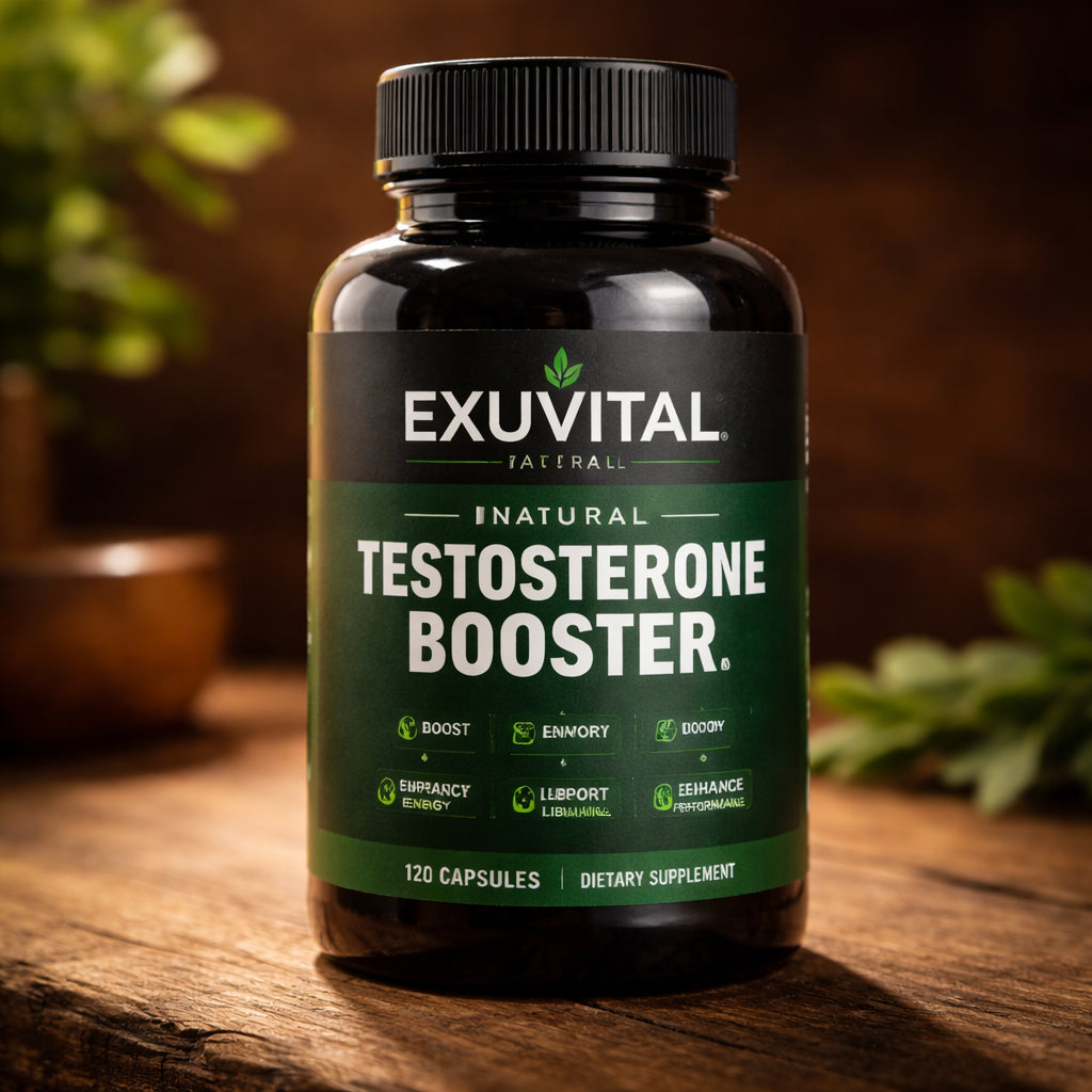 Exuvital natural testosterone booster bottle high‑quality supplement.