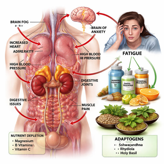 Adrenal glands anatomy showing stress response and natural supplement support pathways for fatigue recovery.
