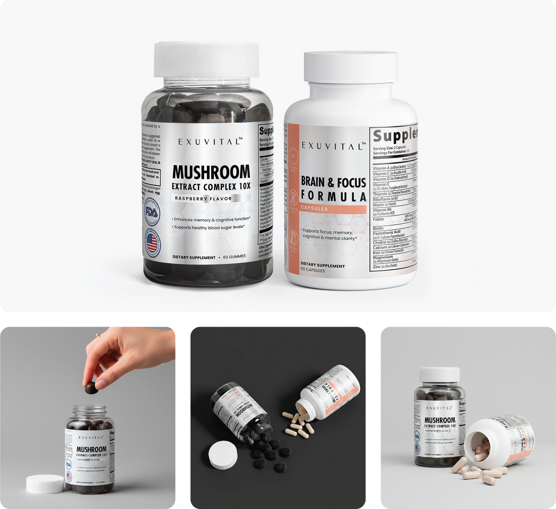 A photorealistic close‑up of natural supplement ingredients like NMN crystals, omega‑3 oil droplets, and spermidine powd
