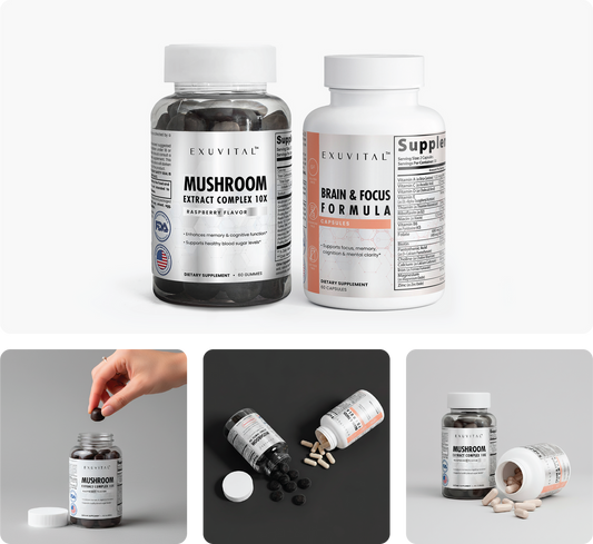 A photorealistic close‑up of natural supplement ingredients like NMN crystals, omega‑3 oil droplets, and spermidine powd