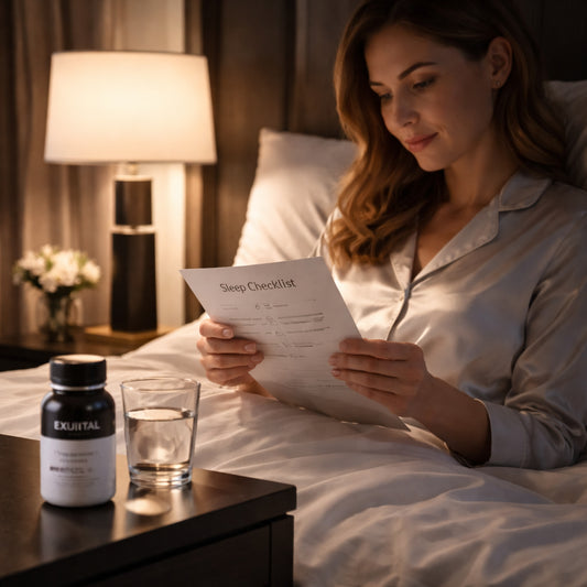 A photorealistic bedroom scene at night, a calm adult 30+ reading a sleep checklist on a nightstand, a bottle of natural sleep supplement beside a glass of water, soft warm lighting, realistic style.