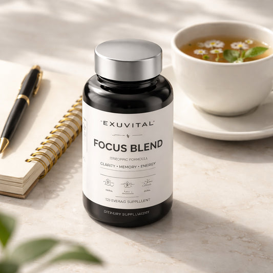 A photorealistic close‑up of a sleek bottle of Exuvital Focus Blend beside a notebook and a cup of herbal tea, soft natural lighting, conveying calm focus for adults 30+ interested in premium wellness.