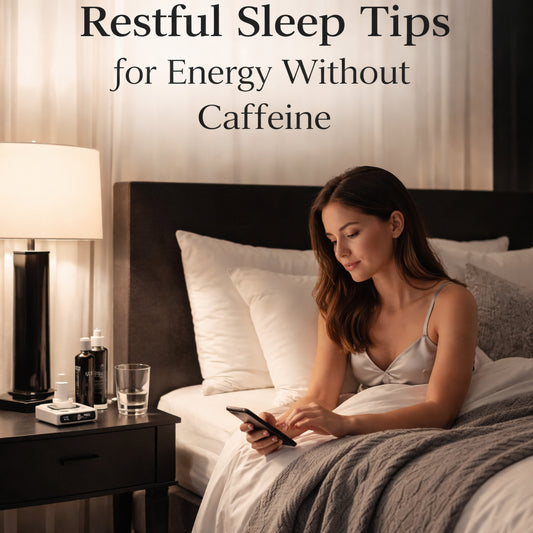A photorealistic bedroom at night with a comfortable bed, soft lighting, and a person preparing for sleep by turning off a phone. Alt: Restful sleep tips for energy without caffeine.