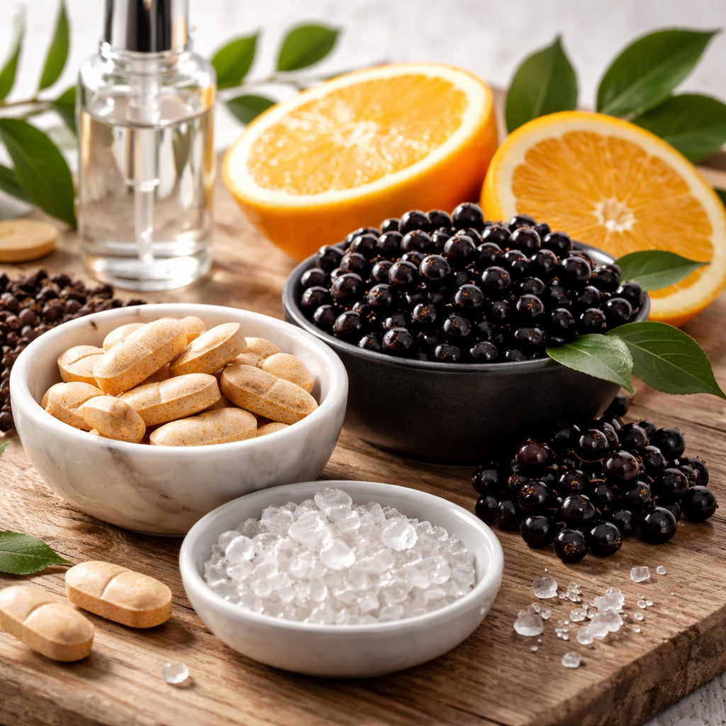 A photorealistic close‑up of natural supplement ingredients like vitamin C tablets, zinc crystals, and elderberry berries arranged on a wooden table. Alt: natural supplement ingredients for immune support.